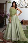 Buy_Jade by Monica and Karishma_Green Tulle Embroidered Thread Work One Shoulder Draped Choli And Lehenga Set _at_Aza_Fashions