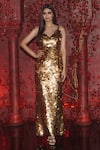 Shop_Nirmooha_Gold Foil Georgette Embroidered Sequins V Neck Gown _Online_at_Aza_Fashions