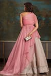 Shop_Jade by Monica and Karishma_Pink Organza Asymmetric Draped Blouse And Lehenga Set _at_Aza_Fashions