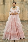 Jade by Monica and Karishma_Peach Net Embroidery U Neck Lehenga Set _Online_at_Aza_Fashions