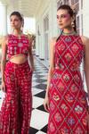 Shop Diyarajvvir Red Georgette Tassels Round Neck Geometric Jaal Print Jumpsuit Online at Aza Fashions Shop_Diyarajvvir_Red Georgette Tassels Round Neck Geometric Jaal Print Jumpsuit _Online_at_Aza_Fashions