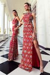 Buy_DiyaRajvvir_Red Georgette Printed Diamond Frame Halter Gown _Online_at_Aza_Fashions