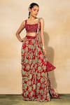 DiyaRajvvir_Red Cotton Silk Printed Chintz Square Neck Sharara Saree And Blouse Set _Online_at_Aza_Fashions