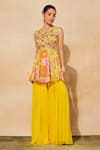 DiyaRajvvir_Yellow Cotton Silk Printed Floral Jaal Embroidered Peplum Top And Gharara Pant Set _Online_at_Aza_Fashions