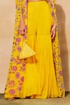 Buy_DiyaRajvvir_Yellow Cotton Silk Printed Chintz Plunge V Neck Floral Cape Gharara Pant Set _Online_at_Aza_Fashions