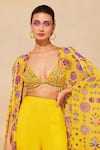 DiyaRajvvir_Yellow Cotton Silk Printed Chintz Plunge V Neck Floral Cape Gharara Pant Set _Online_at_Aza_Fashions