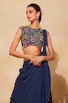 DiyaRajvvir_Blue Cotton Silk And Georgette Embroidery Pre-draped Pant Saree With Blouse _Online_at_Aza_Fashions