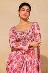 Buy_DiyaRajvvir_Pink Georgette, Tulle Beads, Cut Chintz Floral Print Pant Saree With Blouse _Online_at_Aza_Fashions