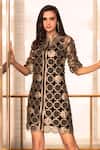 Buy_Devina Juneja_Grey Tulle Embroidery Mandarin Collar Applique Dress _at_Aza_Fashions
