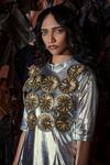 Devina Juneja_Gold Leather Applique Work Harlem Vest  _Online_at_Aza_Fashions