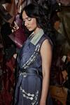 Devina Juneja_Grey Thick Organza Leather Lapel Collar Astoria Sleeveless Trench Dress_Online_at_Aza_Fashions