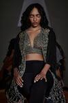 Shop_Devina Juneja_Gold Scrap Leather Plunge Neck Hamptons Macrame Bralette _at_Aza_Fashions