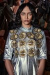 Devina Juneja_Grey Knitted Metallic Fabric Applique Work High Harlem Midi Dress  _Online_at_Aza_Fashions