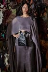 Shop_Devina Juneja_Grey Heavy Satin Plain Boat Neck Carnegie Cape Style Dress  _at_Aza_Fashions