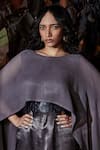 Devina Juneja_Grey Heavy Satin Plain Boat Neck Carnegie Cape Style Dress  _Online_at_Aza_Fashions