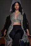 Shop_Devina Juneja_Silver Pleated Fabric Macrame Hamptons Kimono Jacket  _at_Aza_Fashions