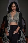 Buy_Devina Juneja_Silver Pleated Fabric Macrame Hamptons Kimono Jacket  _Online_at_Aza_Fashions