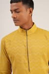 Shop_Dhruv Vaish_Yellow Cotton Silk Embroidered Zig Zag Pattern Asymmetric Kurta Set  _Online_at_Aza_Fashions