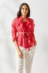 Buy_Devyani Mehrotra_Red Chanderi Spread Collar Belted Top With Inner _at_Aza_Fashions