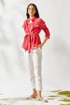 Devyani Mehrotra_Red Chanderi Spread Collar Belted Top With Inner _Online_at_Aza_Fashions