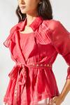 Devyani Mehrotra_Red Chanderi Spread Collar Belted Top With Inner _at_Aza_Fashions