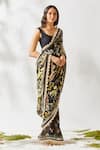 Buy_Devyani Mehrotra_Brown Viscose Satin Georgette Floral Print Saree  _Online_at_Aza_Fashions