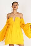 Buy Deme By Gabriella Yellow Crepe Silk Off Shoulder Dress at Aza Fashions Buy_Deme By Gabriella_Yellow Crepe Silk Off Shoulder Dress _at_Aza_Fashions