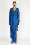 Buy_Deme by Gabriella_Blue Crepe Silk Spread Collar Fringe Asymmetric Gown _at_Aza_Fashions