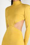 Deme By Gabriella Yellow Jersey High Neck Collar Backless Slit Gown Online at Aza Fashions Deme By Gabriella_Yellow Jersey High Neck Collar Backless Slit Gown _Online_at_Aza_Fashions