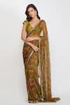 Buy_Devyani Mehrotra_Green Viscose Chiffon Embroidery V Neck Printed Saree With Blouse _at_Aza_Fashions