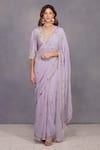 Buy_Devyani Mehrotra_Purple Saree Viscose Georgette Blouse Chanderi V Neck Embroidered Set_at_Aza_Fashions