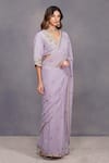 Devyani Mehrotra_Purple Saree Viscose Georgette Blouse Chanderi V Neck Embroidered Set_Online_at_Aza_Fashions