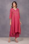 Devyani Mehrotra_Pink Tissue Chanderi Embroidery V Neck Asymmetrical Tunic And Pant _Online_at_Aza_Fashions