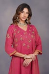 Shop_Devyani Mehrotra_Pink Tissue Chanderi Embroidery V Neck Asymmetrical Tunic And Pant _Online_at_Aza_Fashions