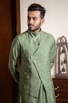 Shop_Darshika Menswear_Green Silk Blend Embroidered Floral Motifs Jacket And Draped Kurta Set _at_Aza_Fashions