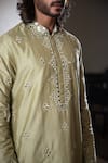 Darshika Menswear_Green Cotton Silk Embroidered Mirror Work Kurta And Pant Set _Online_at_Aza_Fashions