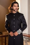 Darshika Menswear_Black Suiting Fabric Embroidered Floral Motifs Asymmetric Bandhgala Set _Online_at_Aza_Fashions