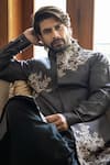 Darshika Menswear_Grey Silk Blend Embroidered Leaf Motifs Sherwani_Online_at_Aza_Fashions