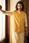 Buy_Darshika Menswear_Yellow Silk Blend Embroidered Floral Motifs Bundi_at_Aza_Fashions