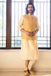 Shop_Darshika Menswear_Yellow Silk Blend Embroidered Floral Motifs Bundi_at_Aza_Fashions