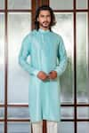 Shop_Darshika Menswear_Blue Silk Blend Plain Double Breasted Kurta And Pant Set _at_Aza_Fashions