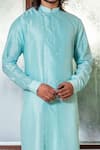 Darshika Menswear_Blue Silk Blend Plain Double Breasted Kurta And Pant Set _Online_at_Aza_Fashions