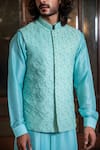 Darshika Menswear_Blue Silk Blend Embroidered Sequin Work Hand Bundi And Kurta Set _Online_at_Aza_Fashions