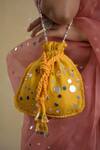 Charkhee_Yellow Embroidery Chanderi Mirror Potli Bag _Online_at_Aza_Fashions