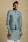 Buy_Charkhee_Blue Chanderi Nehru Jacket _at_Aza_Fashions