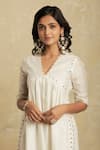 Shop_Charkhee_White Kurta Chanderi Lining  Pant Embroidery V Neck Set _Online_at_Aza_Fashions