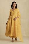 Buy_Charkhee_Yellow Kurta Chanderi Lining  Cotton Palazzos Cotton Dupatta Anarkali Set _at_Aza_Fashions