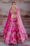 Buy_Payal & Zinal_Pink Net Embroidered Floral V Neck Gajji Silk Bridal Lehenga Set _at_Aza_Fashions