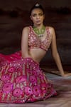 Payal & Zinal_Pink Thick Satin Embroidered Floral V Neck Lehenga Set _Online_at_Aza_Fashions
