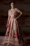 Buy_Payal & Zinal_Pink Thick Satin Embroidered Ocean V Neck Print Bridal Lehenga Set _at_Aza_Fashions